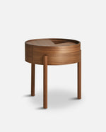 Arc Side Table (42 cm) in walnut with rotating lid and hidden storage — Scandinavian oak side table design.