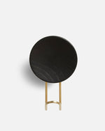 Close-up showing satin brass hook and concave black back of Around wall hanger.