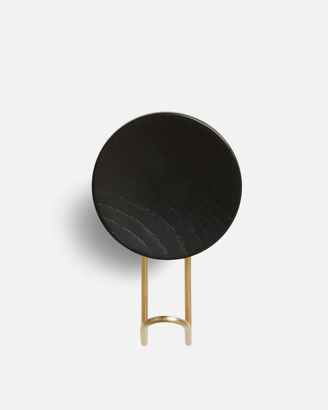 Close-up showing satin brass hook and concave black back of Around wall hanger.