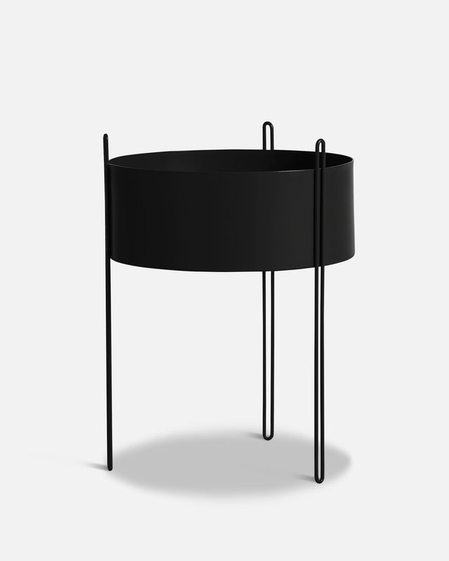 Pidestall Planter (Large) in black painted metal — sleek indoor planter with modern minimal design