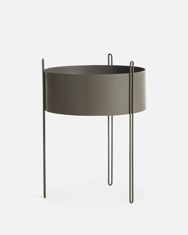 Pidestall Planter (Large) in taupe painted metal — modern indoor planter with clean minimalist design