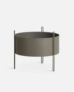 Pidestall Planter (Medium) in taupe painted metal — sleek indoor planter with modern minimal design