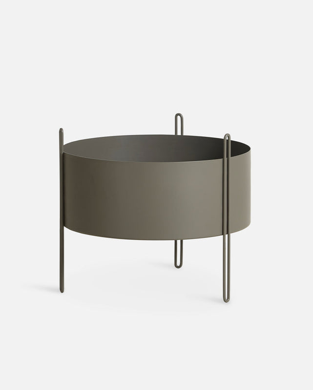 Pidestall Planter (Medium) in taupe painted metal — sleek indoor planter with modern minimal design