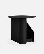 Sentrum Side Table in black painted metal, sculptural S-shaped design with dual storage spaces.