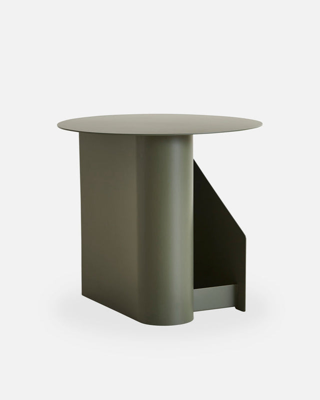 Sentrum Side Table in dusty green painted metal, sculptural S-shaped design with dual storage spaces.