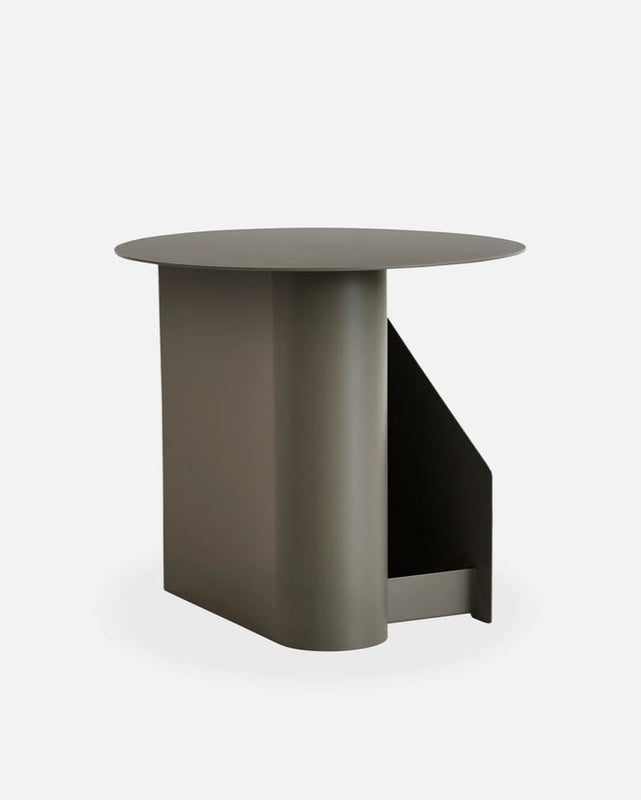 Sentrum Side Table in taupe painted metal, sculptural S-shaped design with dual storage spaces.