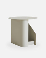 Sentrum Side Table in warm grey painted metal, sculptural S-shaped design with dual storage spaces.